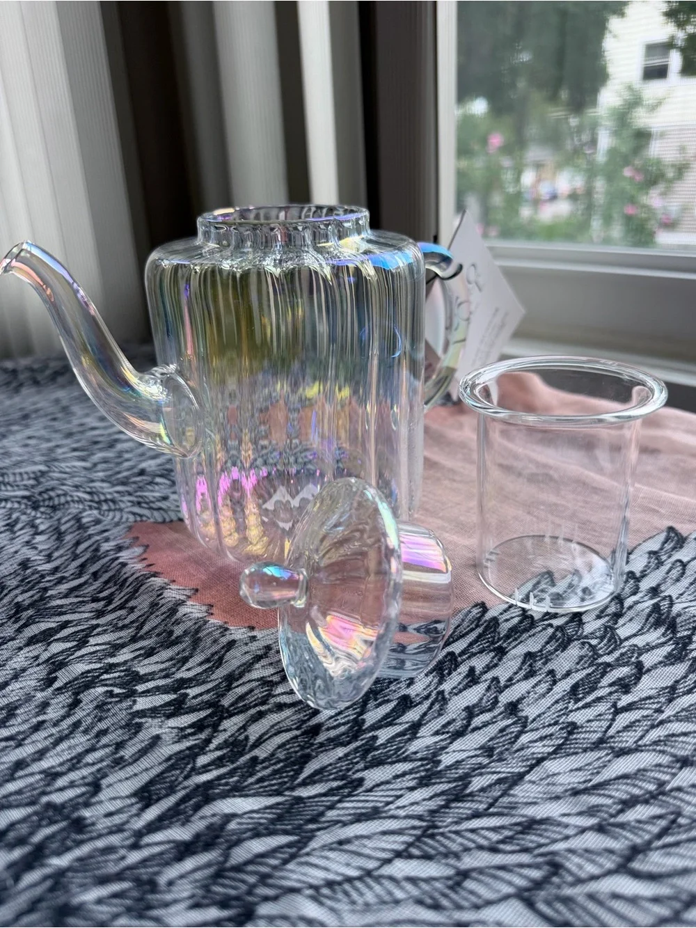 Iridescent Glass Tea Infuser Teapot Rainbow Finish 25 oz Ribbed Clear Loose Leaf